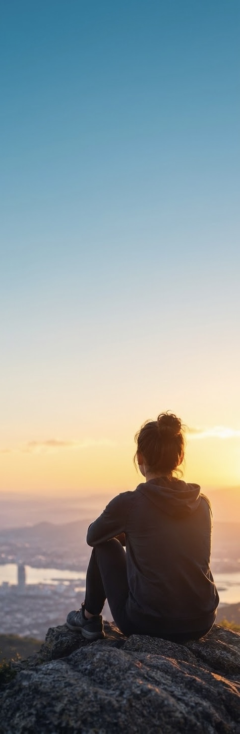 A person sitting on a rocky ledge at sunset, looking across a city and water