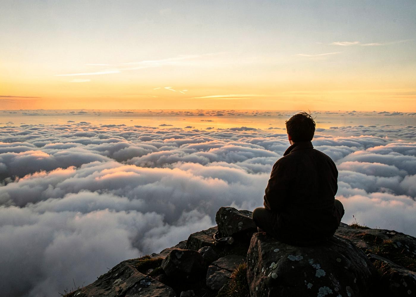 A person looking out over clouds at sunrise